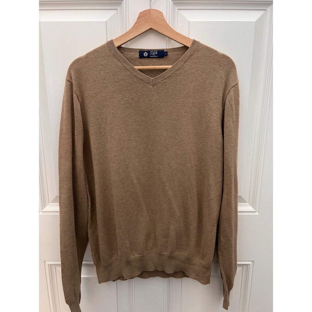 J. Crew Mens V-Neck Sweater Tan Brown 100% Cotton Knit Pullover Large L